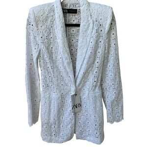 Zara Cottagecore Coastal Boho Eyelet Embroidered Blazer Jacket‎ White XS NEW